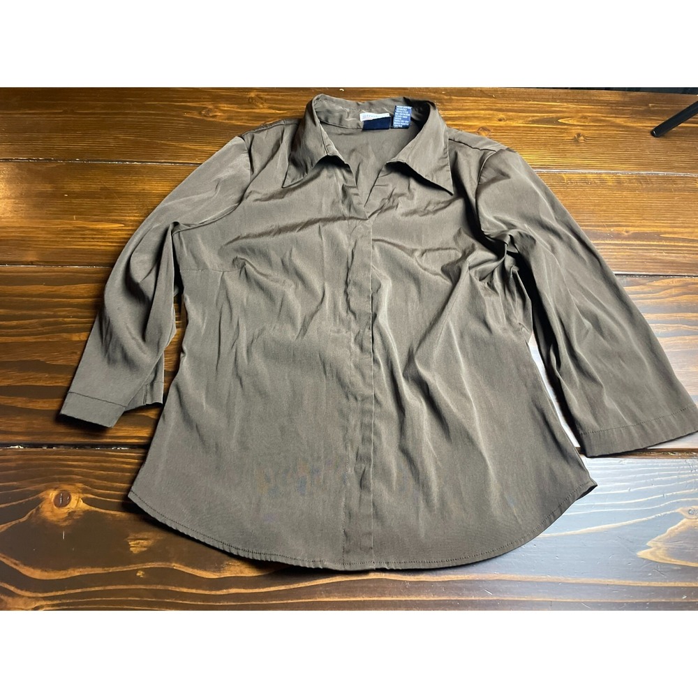 COTTON WORKS Shirt, Women's Size Large, Brown, 3/4 Sleeve, Vintage, Stretch